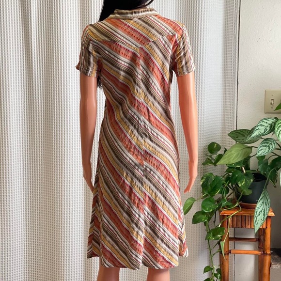 Orange Striped Collared Short Sleeve Shirt Dress Knee Length Retro Boho Size S - Picture 5 of 8
